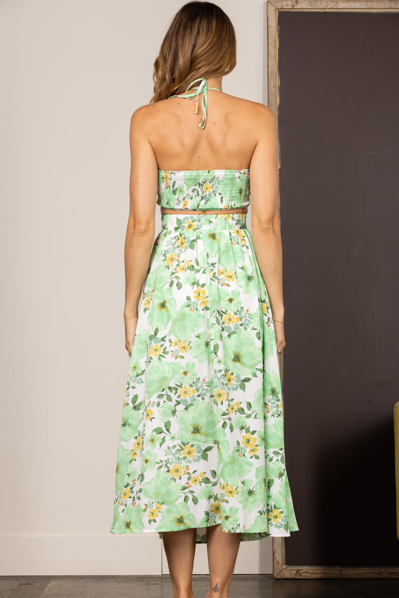 GREEN FLORAL HALTER NECK CUT-OUT SIDE MAXI DRESS SDH00735