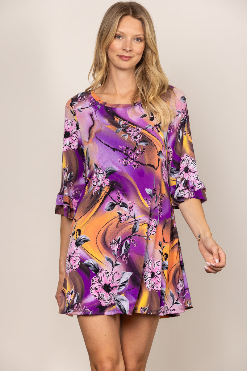 VIOLET FLORAL PRINT RUFFLED 3/4 SLEEVES SWING MINI DRESS VC3478-C