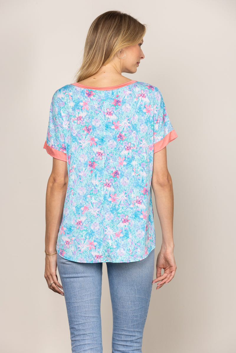 AQUA FLORAL PRINT V-NECK SHORT SLEEVES KNIT TOP B5140