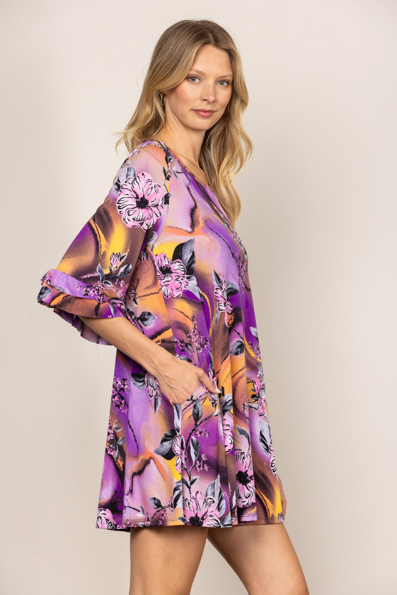 VIOLET FLORAL PRINT RUFFLED 3/4 SLEEVES SWING MINI DRESS VC3478-C