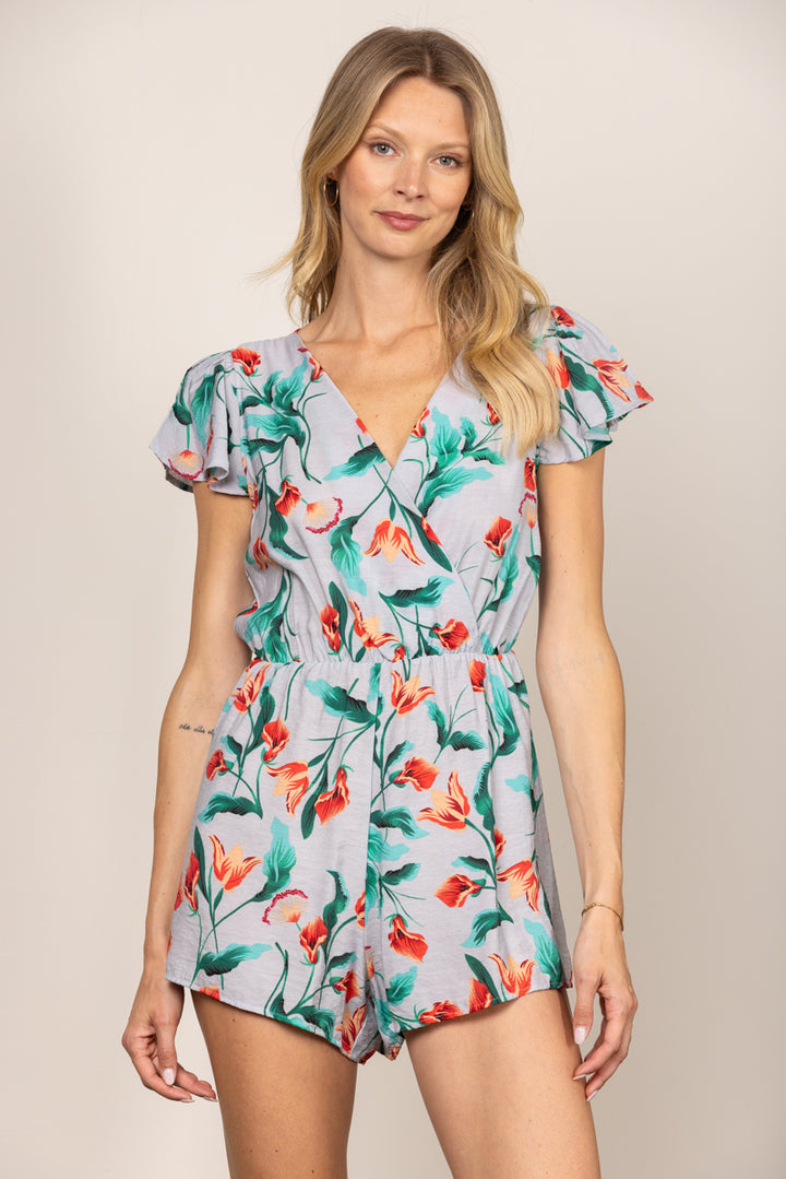 BLUE FLORAL PRINT V-NECK BUTTERFLY SLEEVES ROMPER BY6697