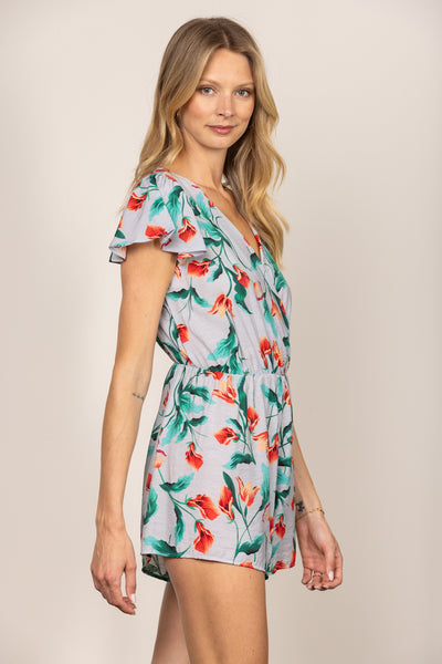 BLUE FLORAL PRINT V-NECK BUTTERFLY SLEEVES ROMPER BY6697