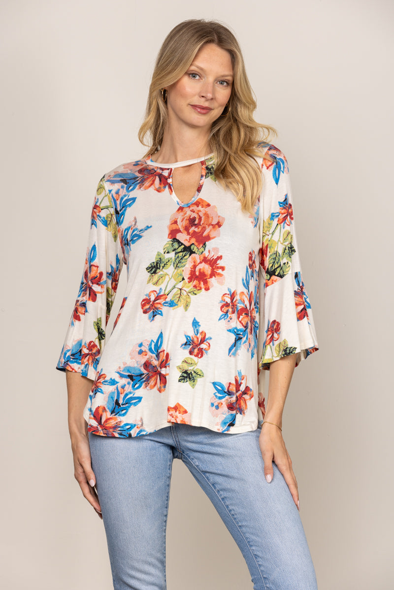 OFFWHITE ROUND KEYHOLE FLORAL PRINT BELL 3/4 SLEEVES TOP T1486