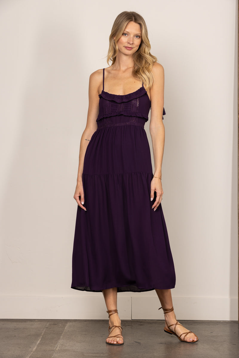 PURPLE CHIFFON SELF-TIE STRAP LACE DETAILED MIDI DRESS ILD0192