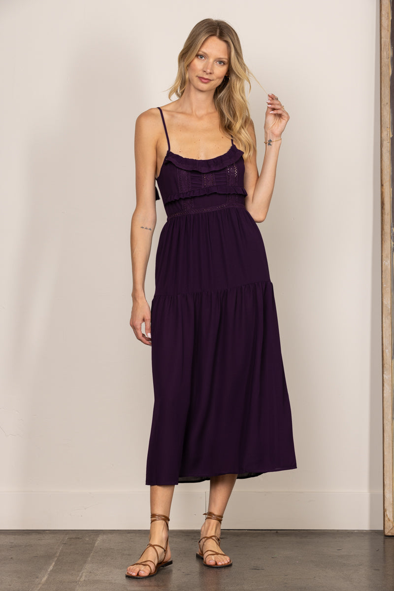 PURPLE CHIFFON SELF-TIE STRAP LACE DETAILED MIDI DRESS ILD0192