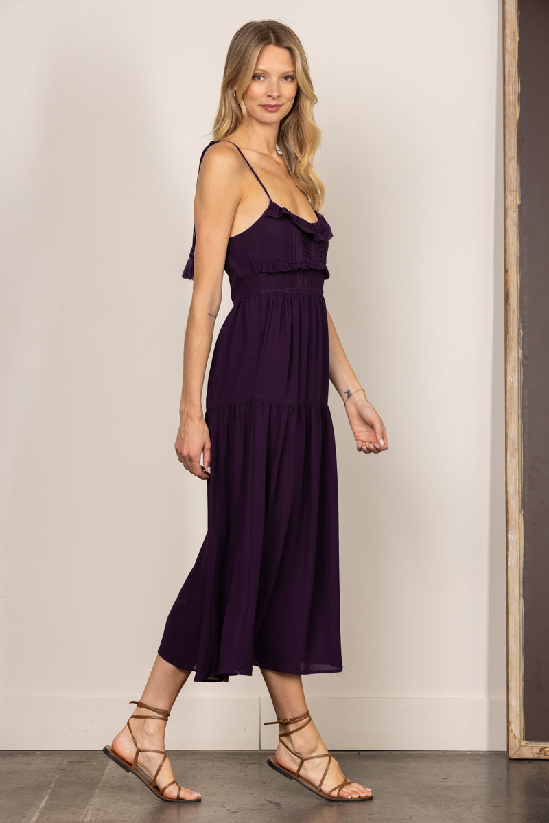 PURPLE CHIFFON SELF-TIE STRAP LACE DETAILED MIDI DRESS ILD0192