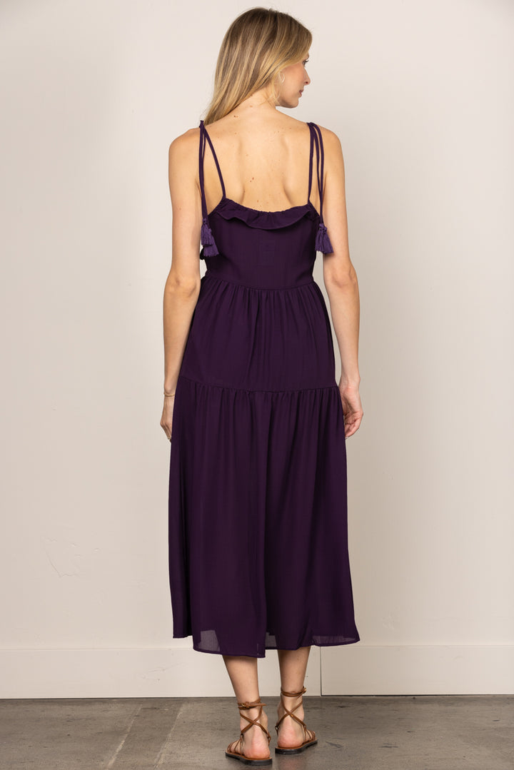 PURPLE CHIFFON SELF-TIE STRAP LACE DETAILED MIDI DRESS ILD0192