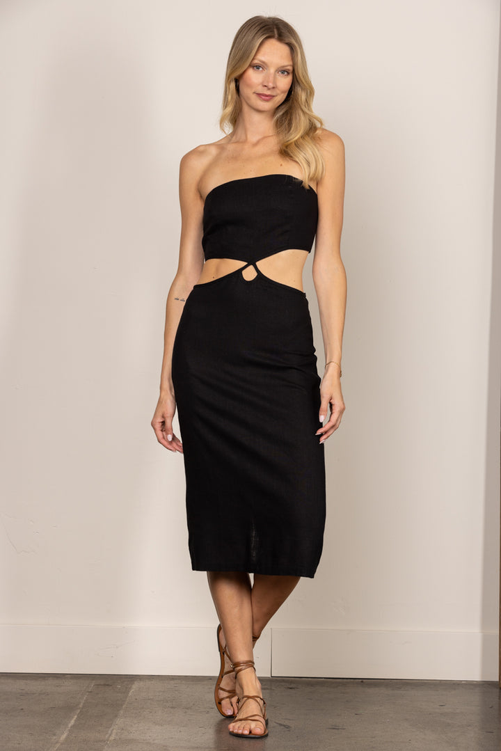 D3110-Wholesale BLACK LINEN TUBE CUT-OUT WAIST PENCIL MIDI DRESS