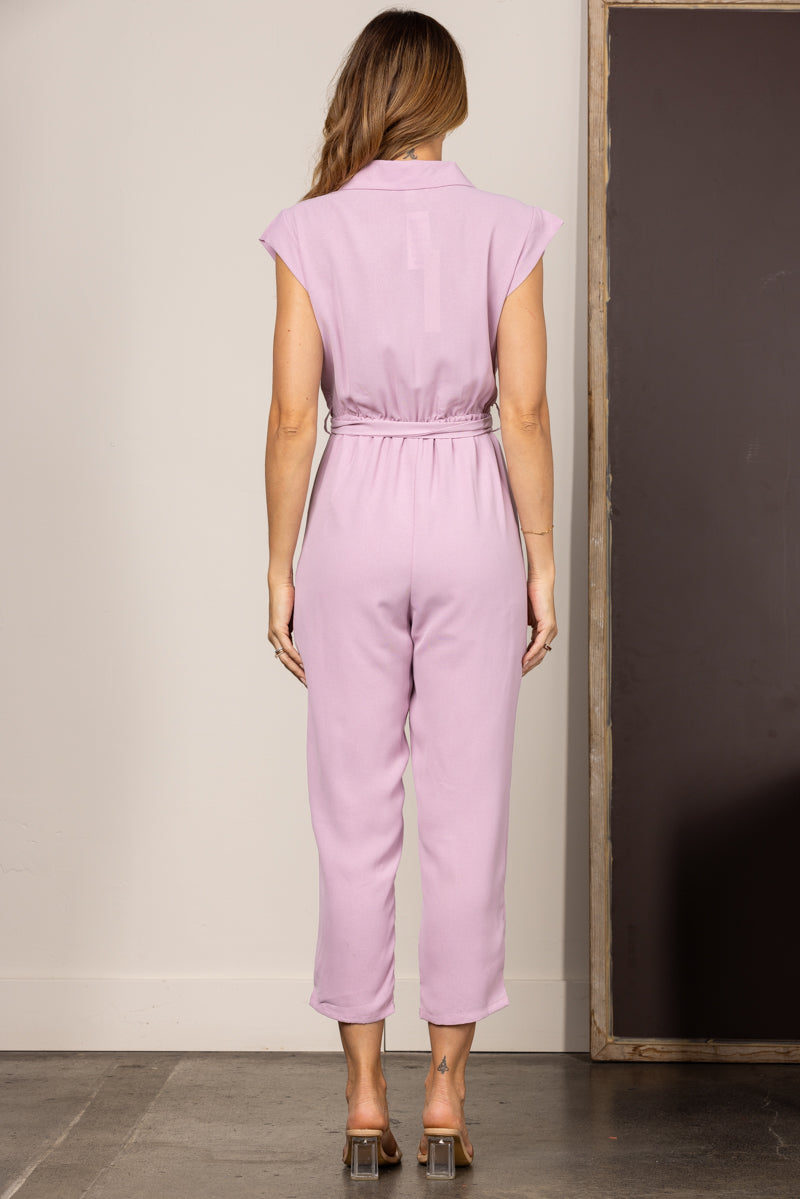 MISTY PINK COLLARED BUTTON FRONT BELTED JUMPSUIT SY3637