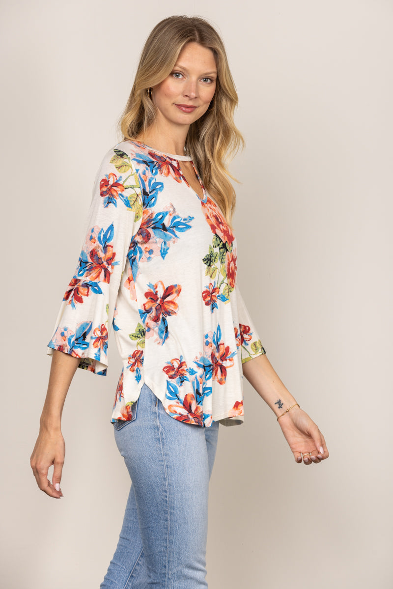 OFFWHITE ROUND KEYHOLE FLORAL PRINT BELL 3/4 SLEEVES TOP T1486