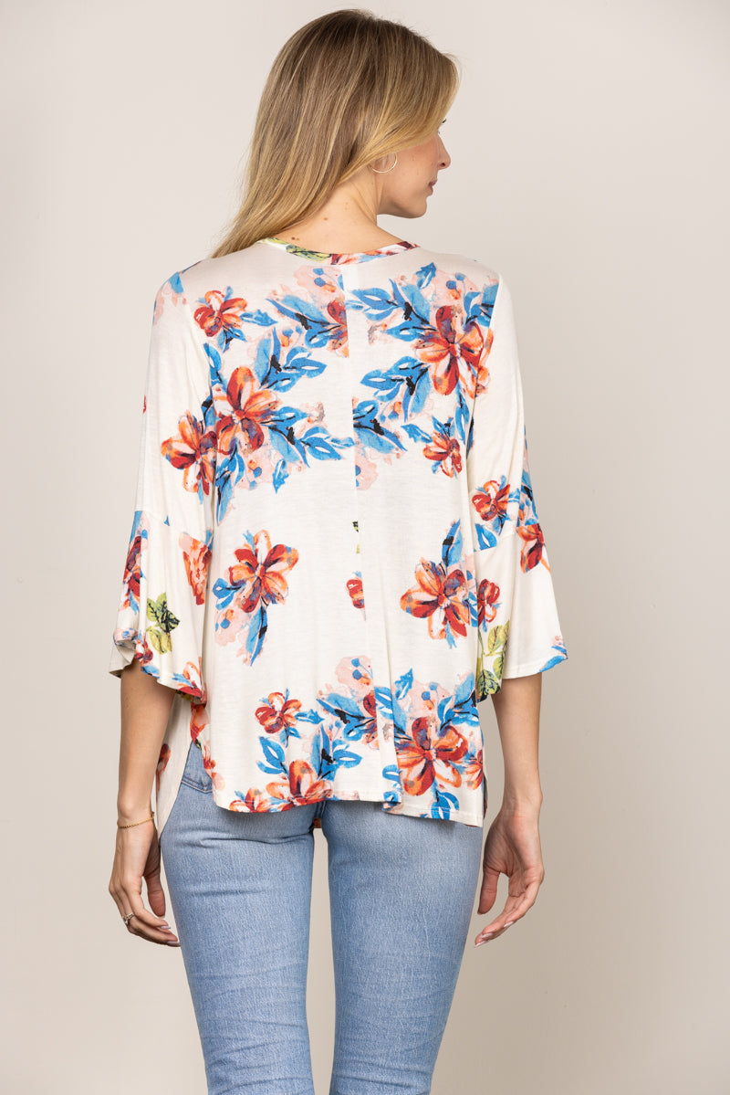 OFFWHITE ROUND KEYHOLE FLORAL PRINT BELL 3/4 SLEEVES TOP T1486