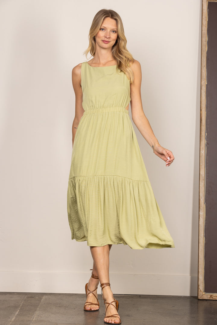 SAGE CUT-OUT WAIST OPEN BACK RUFFLED HEM MIDI DRESS HYD0009A