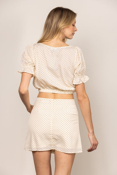 CREAM POLKADOTS PUFF SLEEVES CROP TOP AND MINI SKIRT SET IBS05073