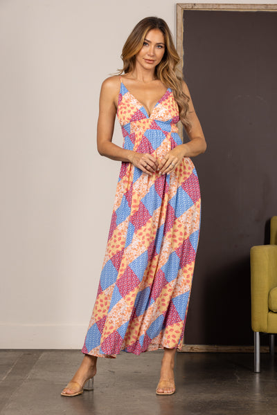 BLUE FLORAL V-NECK SPAGHETTI STRAP SMOCK MAXI DRESS ID32051