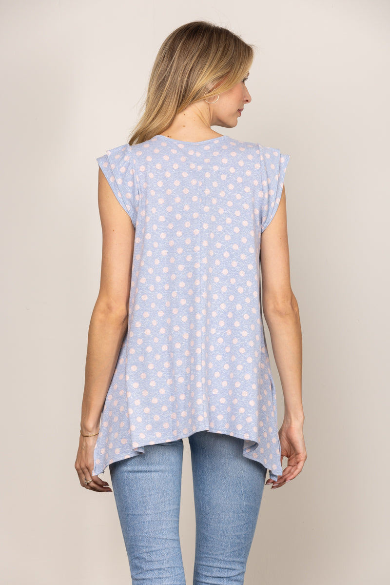 BLUE POKADOT PRINT LAYERED SHORT SLEEVES KNIT TOP T1919-2