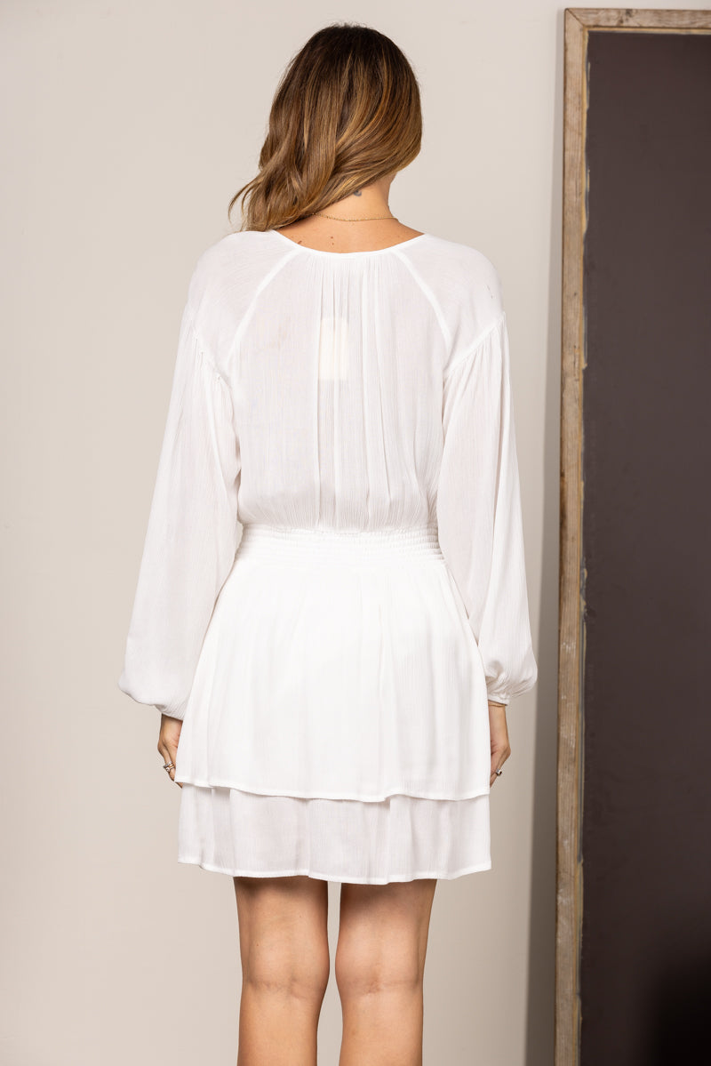 OFF WHITE V-NECK SMOCK WAIST RUFFLED MINI DRESS SD510786