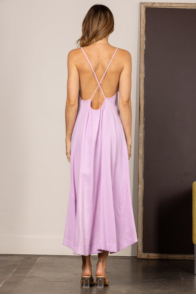 LILAC LINEN SPAGHETTI STRAP OPEN BACK MIDI DRESS SD511261