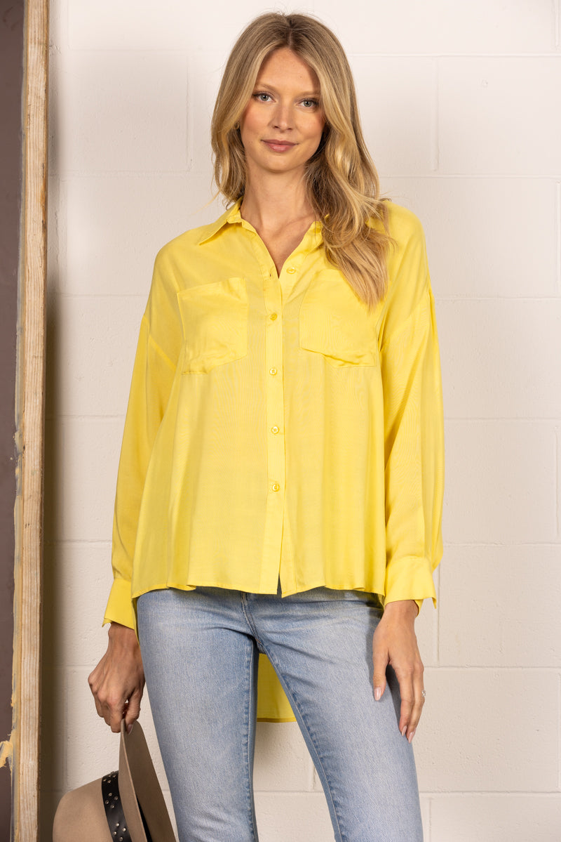 YELLOW BUTTON UP LIGHTWEIGHT COLLARED BLOUSE TOP B51818W