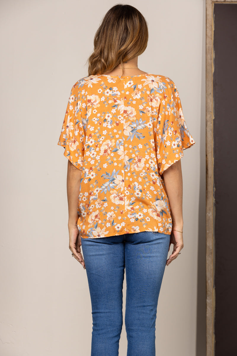 CORAL FLORAL V-NECK KEY-HOLE DOLMAN SLEEVES BLOUSE TOP T1999-2