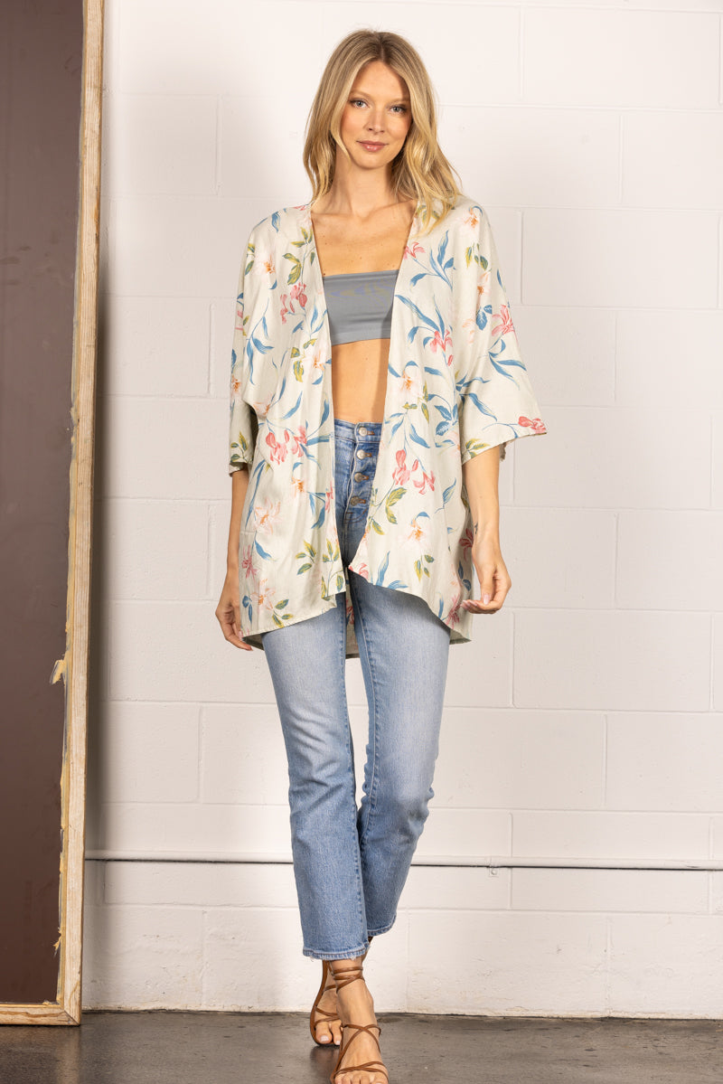 SAGE FLORAL PRINT OPEN FRONT KIMONO SJ1064