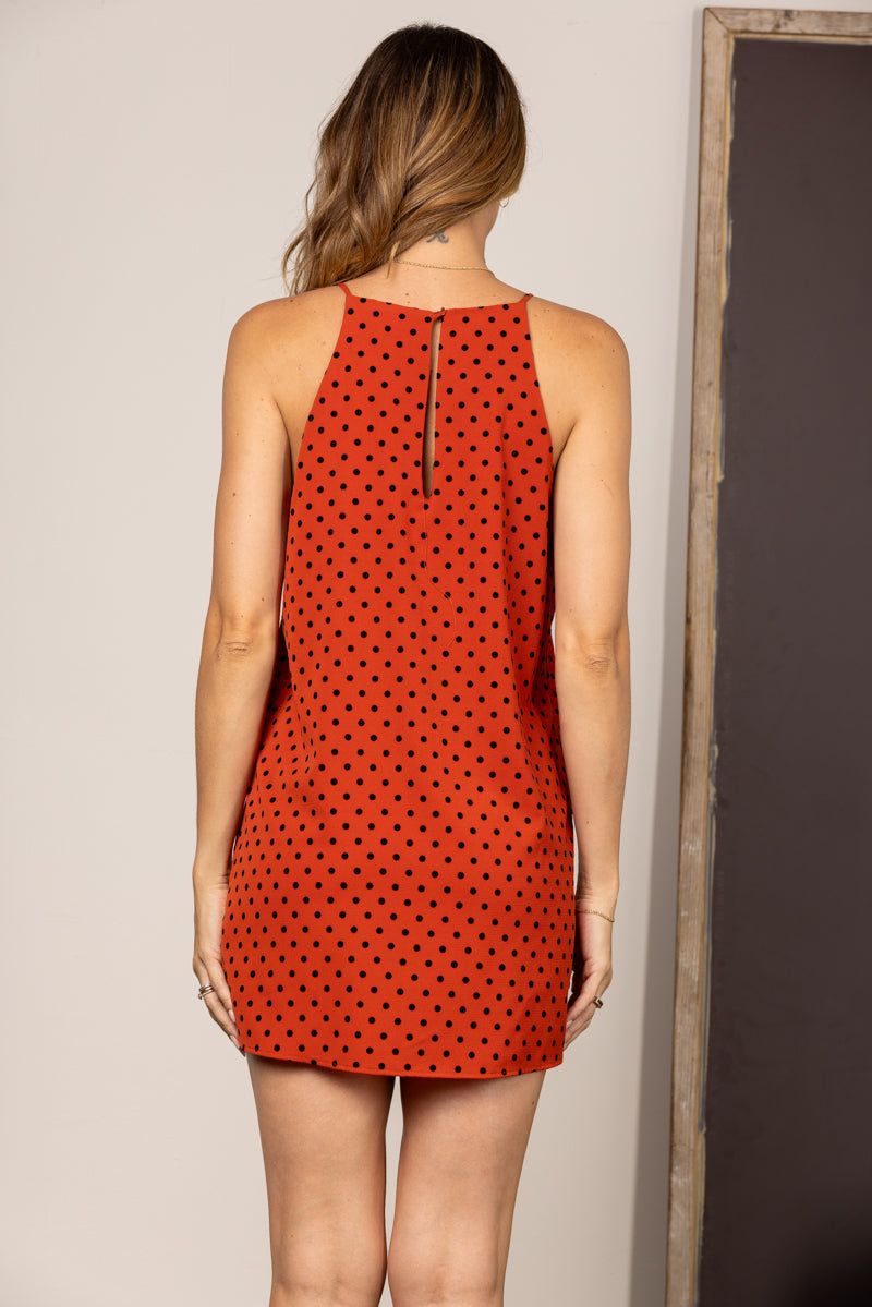 RUST POLKA DOT PRINT HALTER NECK MINI DRESS D4041