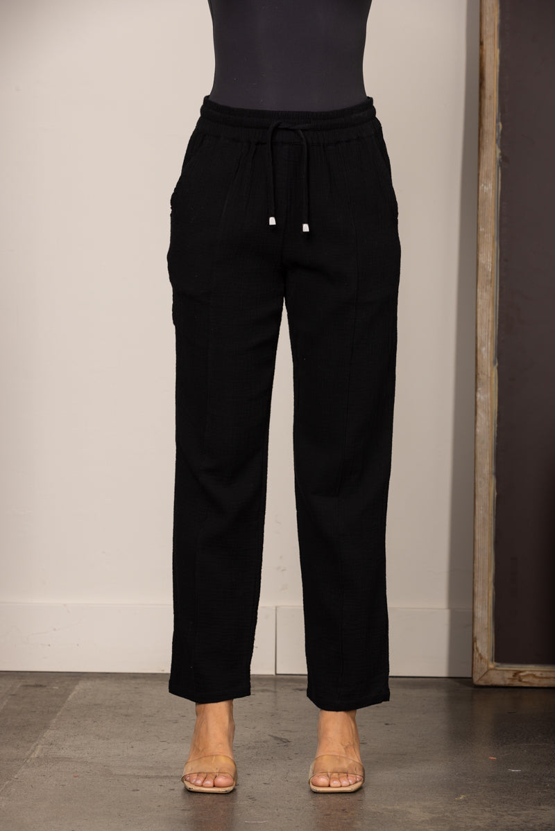 BLACK DRAWSTRING STRAIGHT LEG LINEN PANTS SP511263