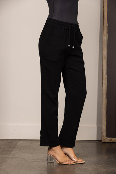 BLACK DRAWSTRING STRAIGHT LEG LINEN PANTS SP511263