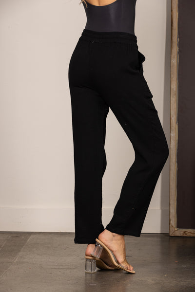 BLACK DRAWSTRING STRAIGHT LEG LINEN PANTS SP511263