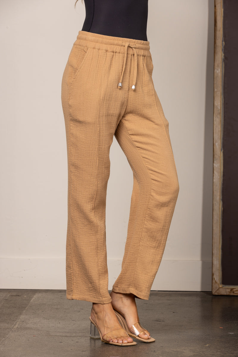 TAUPE DRAWSTRING STRAIGHT LEG LINEN PANTS SP511263