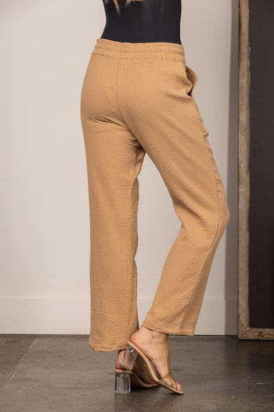 TAUPE DRAWSTRING STRAIGHT LEG LINEN PANTS SP511263