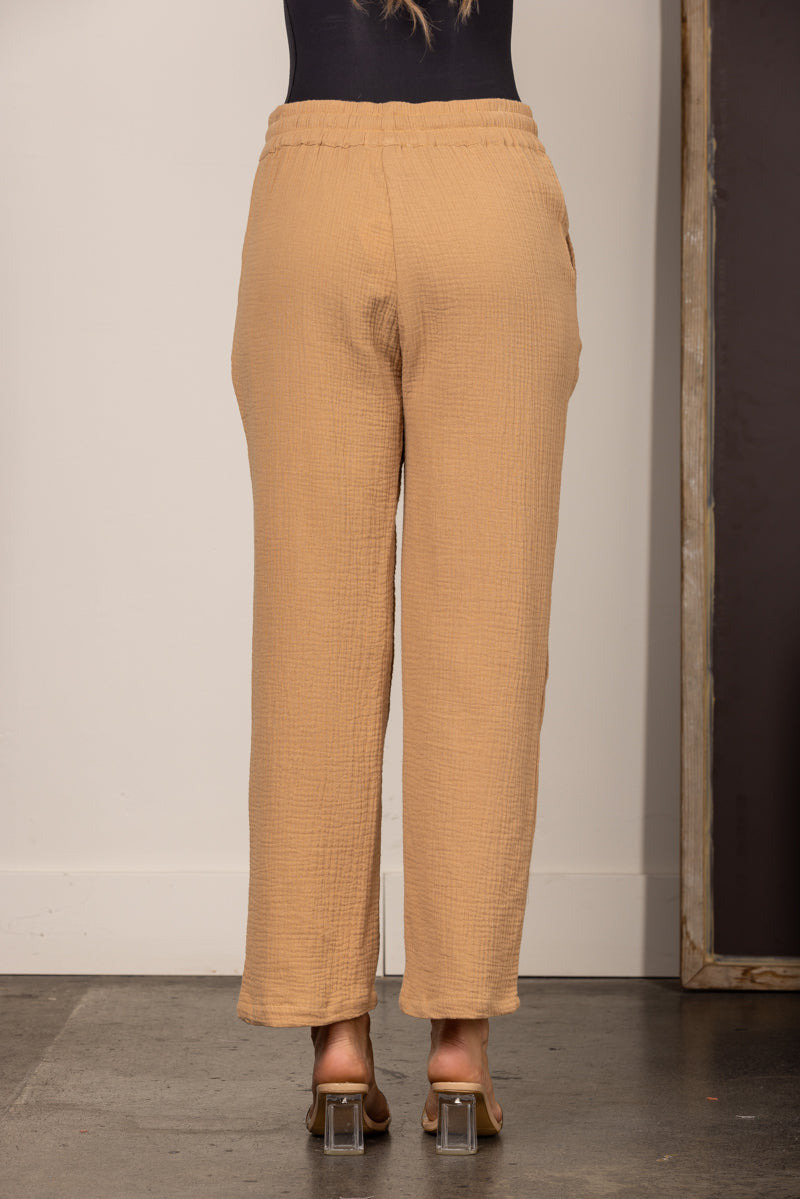 TAUPE DRAWSTRING STRAIGHT LEG LINEN PANTS SP511263