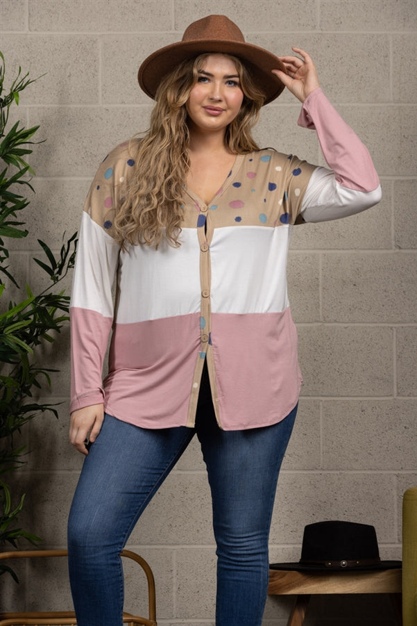 POLKADOT COLOR BLOCK BUTTON DOWN PLUS SIZE SWEATER-CT43590DX