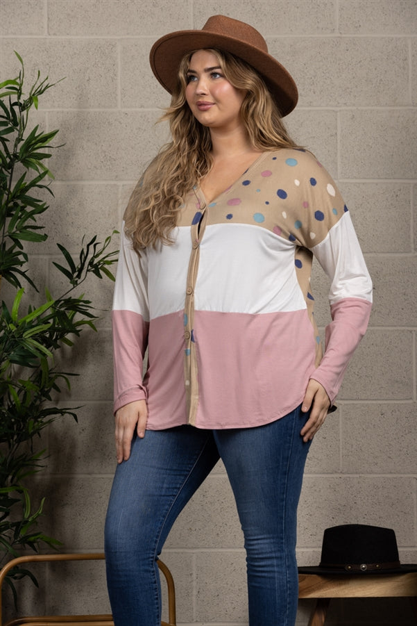 POLKADOT COLOR BLOCK BUTTON DOWN PLUS SIZE SWEATER-CT43590DX