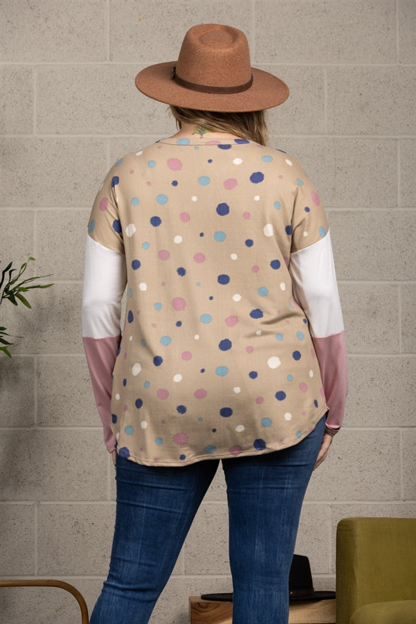 POLKADOT COLOR BLOCK BUTTON DOWN PLUS SIZE SWEATER-CT43590DX