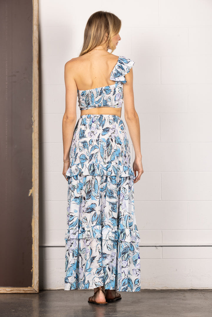 BLUE ONE SHOULDER CROP TOP AND SPLIT HEM MAXI SKIRT SET CS12215