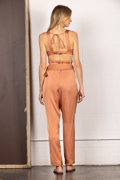 ORANGE SOLID WAIST FLARE CROP TOP AND PANTS SET CS10511