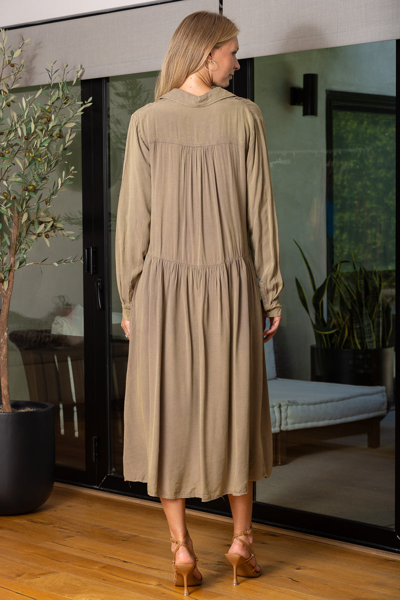 VINTAGE MOCHA COLLARED LONG SLEEVES BUTTON-DOWN LOOSE MIDI DRESS ED16565