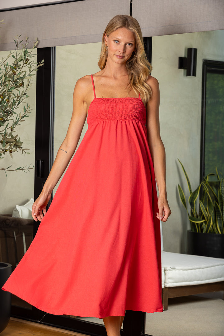 CORAL SPAGHETTI STRAP TIERED SWING MIDI DRESS M10472W