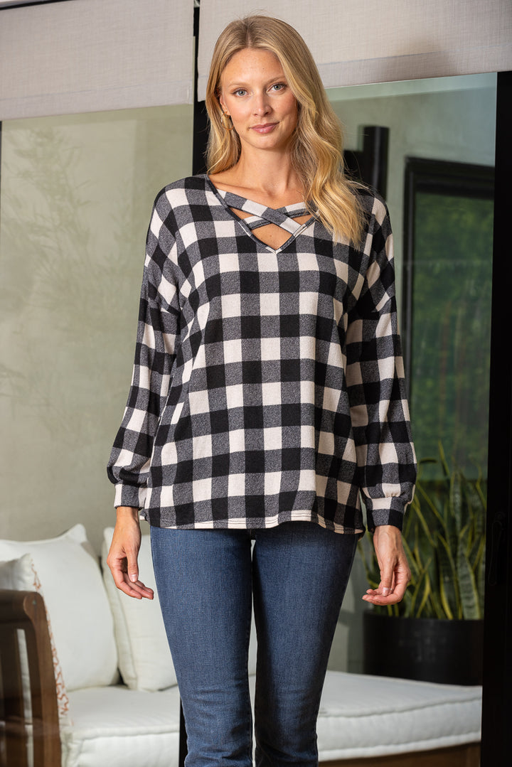 BLACK MADRAS PRINT LONG SLEEVES TUNIC KNIT TOP ET5144