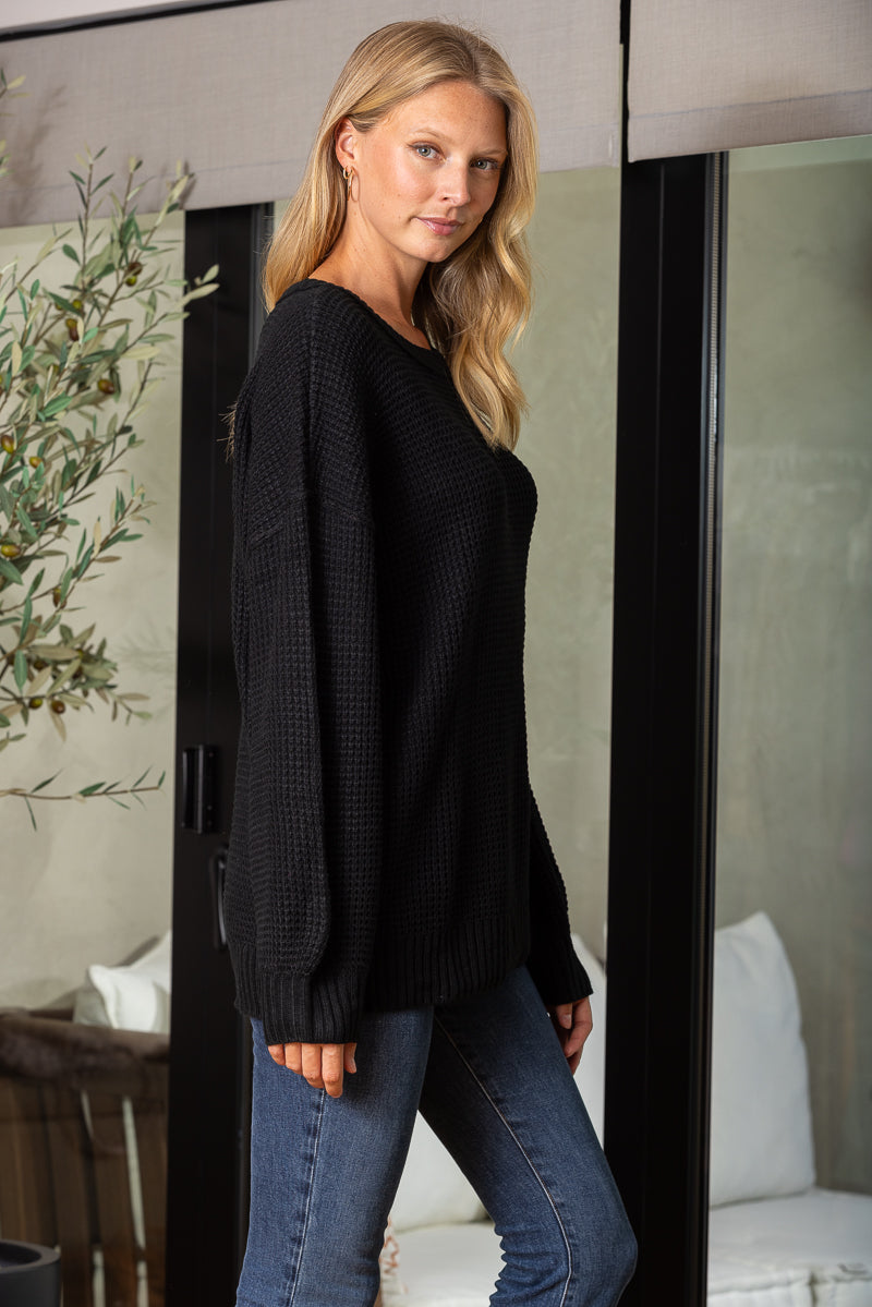 BLACK CABLE KNIT LONG SLEEVES SWEATER SW5005