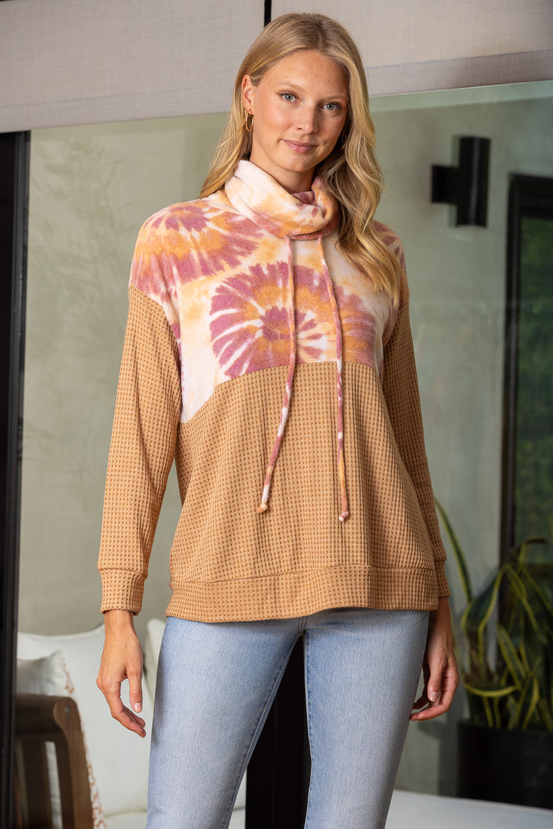 SAND STONE COWL NECK WAFFLE KNIT TOP TT3466PB