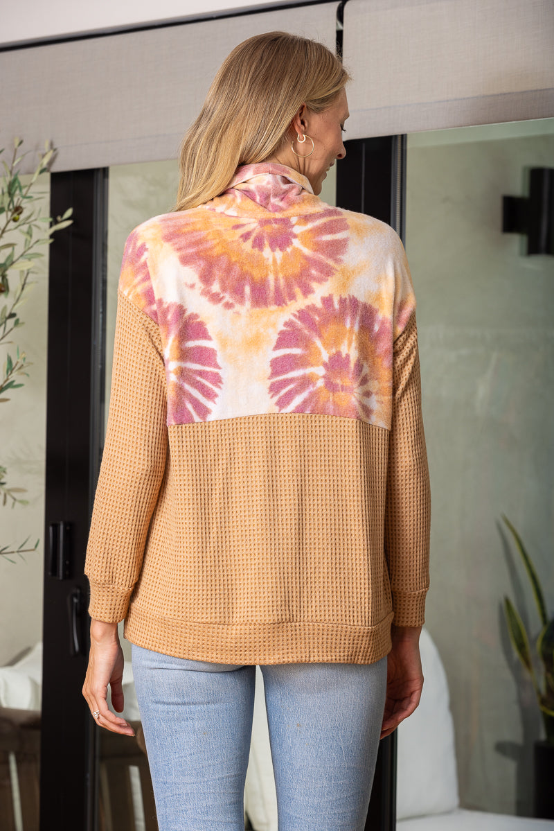 SAND STONE COWL NECK WAFFLE KNIT TOP TT3466PB