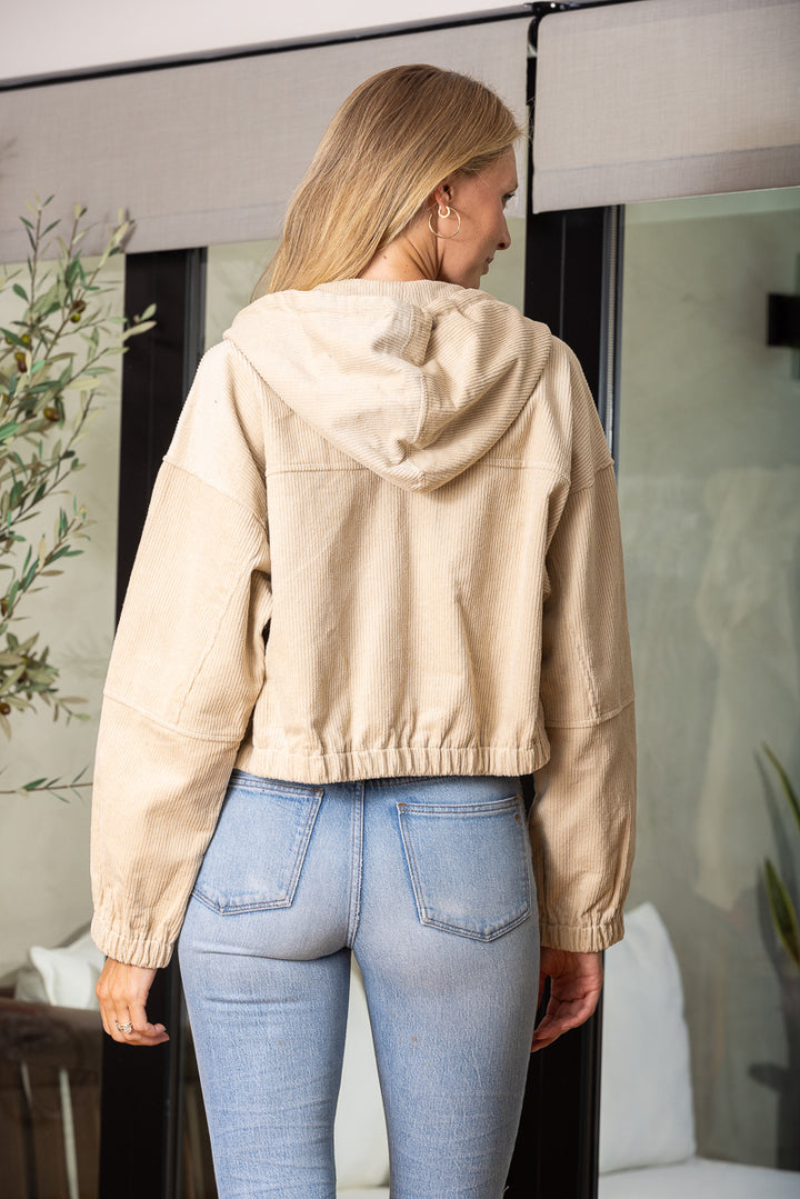 CREAM CORDUROY ZIP UP HOODIE CROP JACKET CJ1104