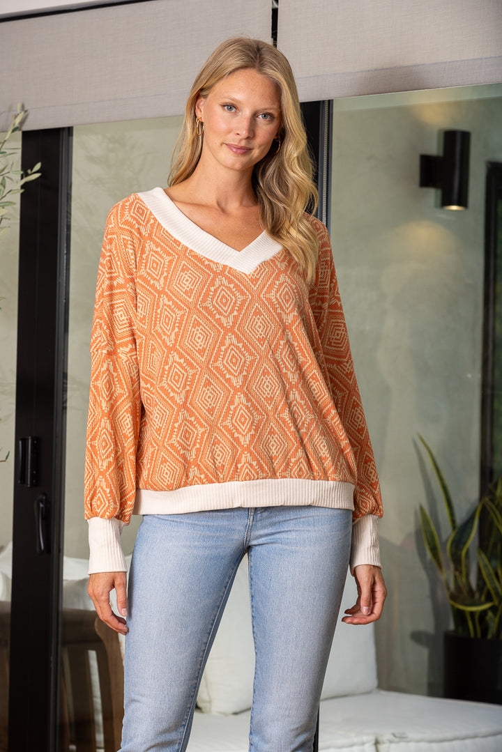 RUST ARABESQUE PRINT V NECK LONG SLEEVES KNIT TOP TD11450