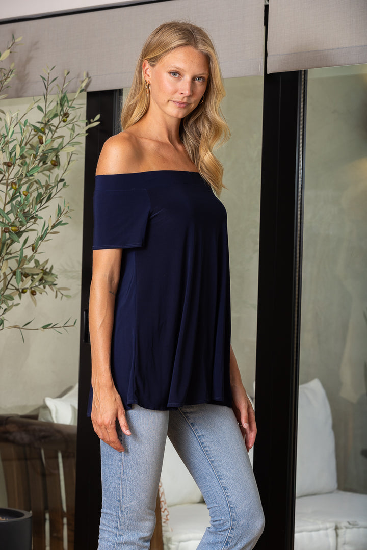 NAVY OFF-SHOULDER SHORT SLEEVE TOP B5681