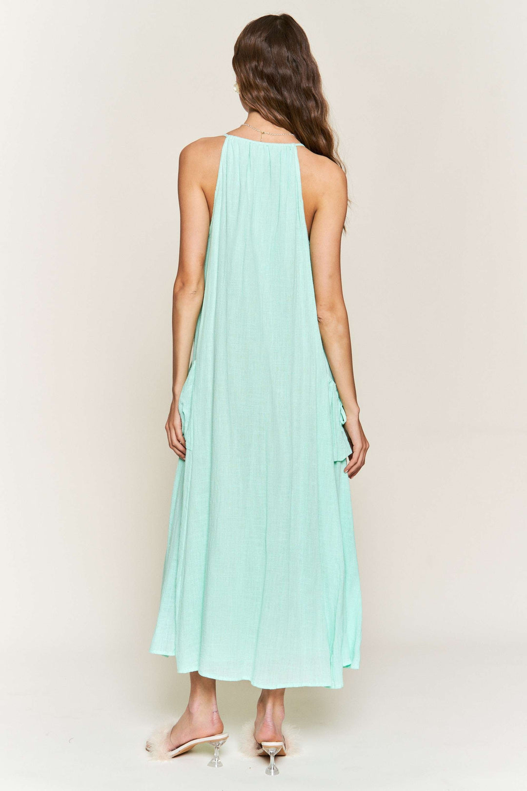 MINT LINEN TASSELED HALTER NECK MAXI DRESS D9645