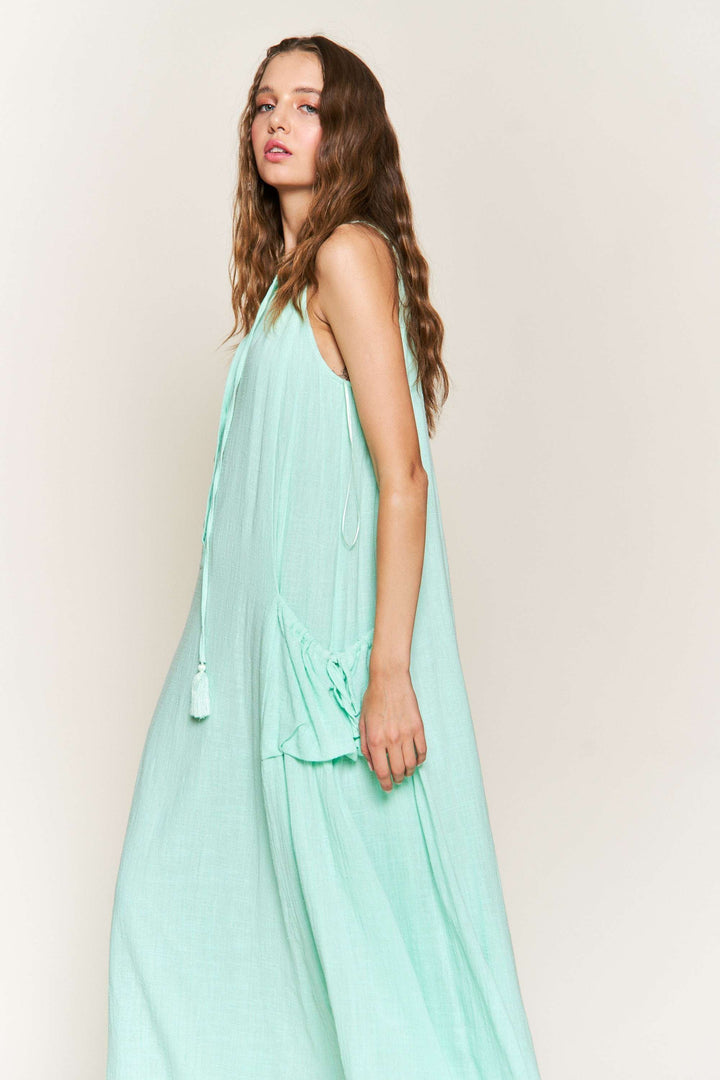 MINT LINEN TASSELED HALTER NECK MAXI DRESS D9645