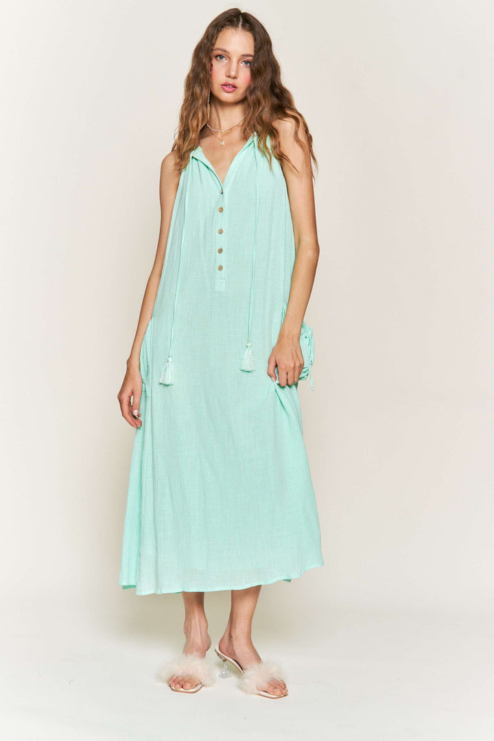 MINT LINEN TASSELED HALTER NECK MAXI DRESS D9645