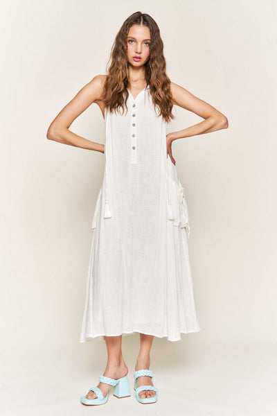 WHITE LINEN TASSELED HALTER NECK MAXI DRESS D9645