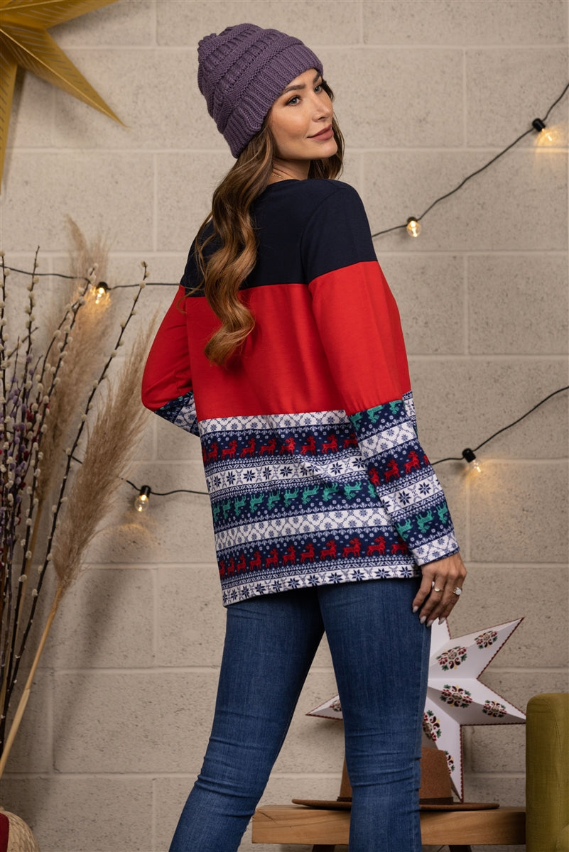 NAVY/RED REINDEERS PRINT KNIT TOP ET5194-12